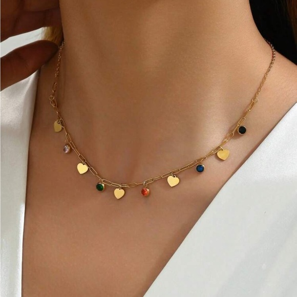 Free People Gold Paper Clip Necklace with Multicolor Crystals & Hearts Charms - Picture 2 of 8